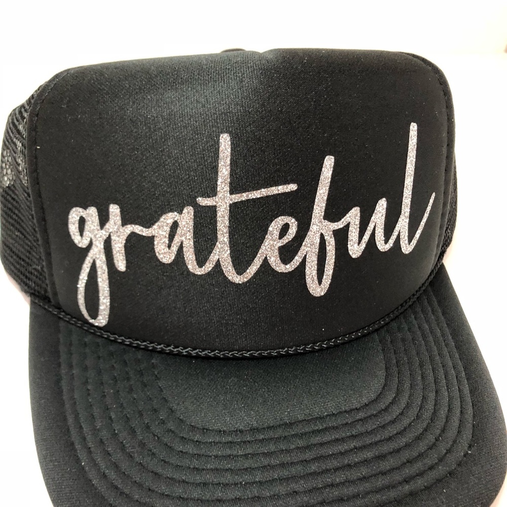 Grateful silver glitter on black trucker hat